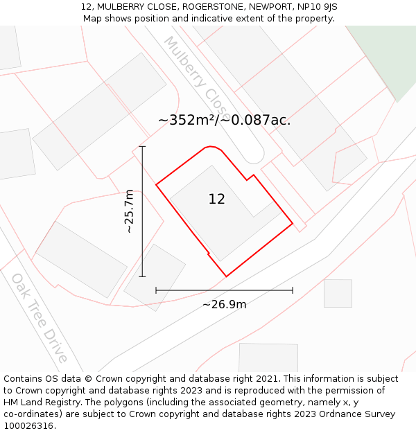 12, MULBERRY CLOSE, ROGERSTONE, NEWPORT, NP10 9JS: Plot and title map