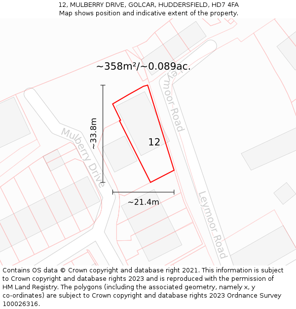 12, MULBERRY DRIVE, GOLCAR, HUDDERSFIELD, HD7 4FA: Plot and title map