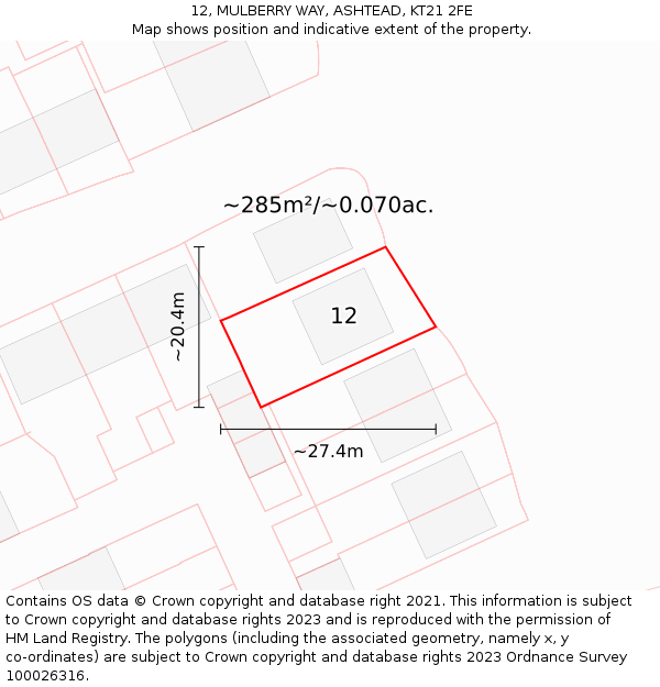 12, MULBERRY WAY, ASHTEAD, KT21 2FE: Plot and title map