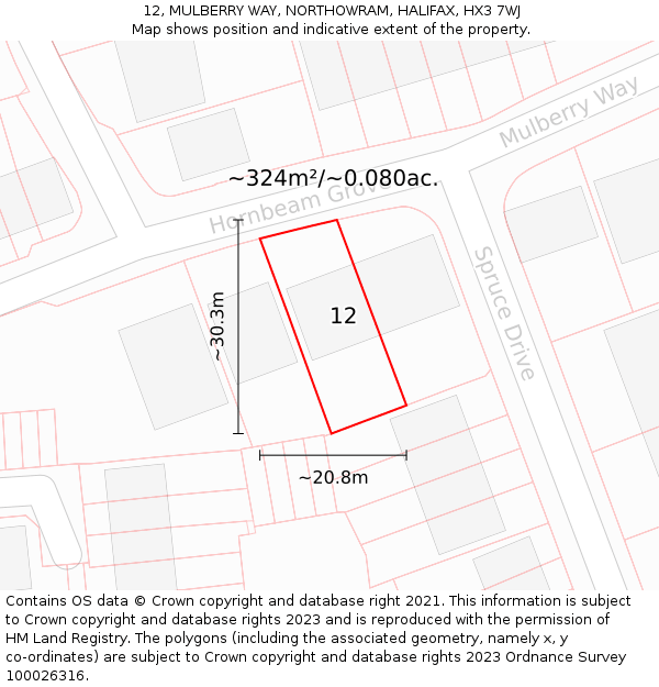 12, MULBERRY WAY, NORTHOWRAM, HALIFAX, HX3 7WJ: Plot and title map