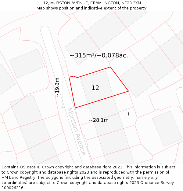 12, MURSTON AVENUE, CRAMLINGTON, NE23 3XN: Plot and title map