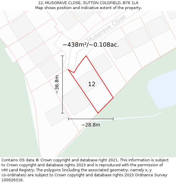 12, MUSGRAVE CLOSE, SUTTON COLDFIELD, B76 1LA: Plot and title map