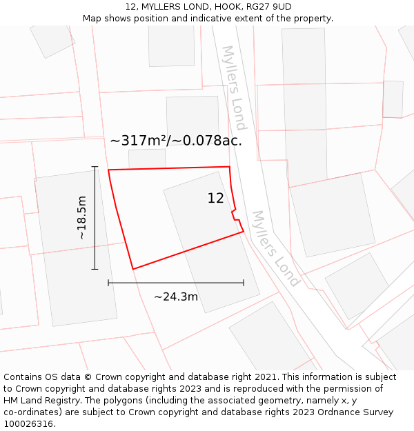 12, MYLLERS LOND, HOOK, RG27 9UD: Plot and title map