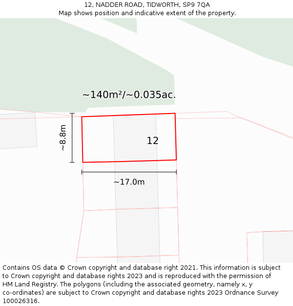 12, NADDER ROAD, TIDWORTH, SP9 7QA: Plot and title map