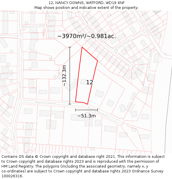 12, NANCY DOWNS, WATFORD, WD19 4NF: Plot and title map