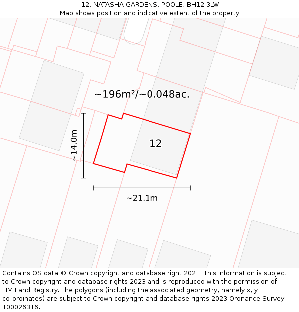 12, NATASHA GARDENS, POOLE, BH12 3LW: Plot and title map