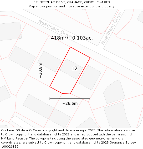 12, NEEDHAM DRIVE, CRANAGE, CREWE, CW4 8FB: Plot and title map