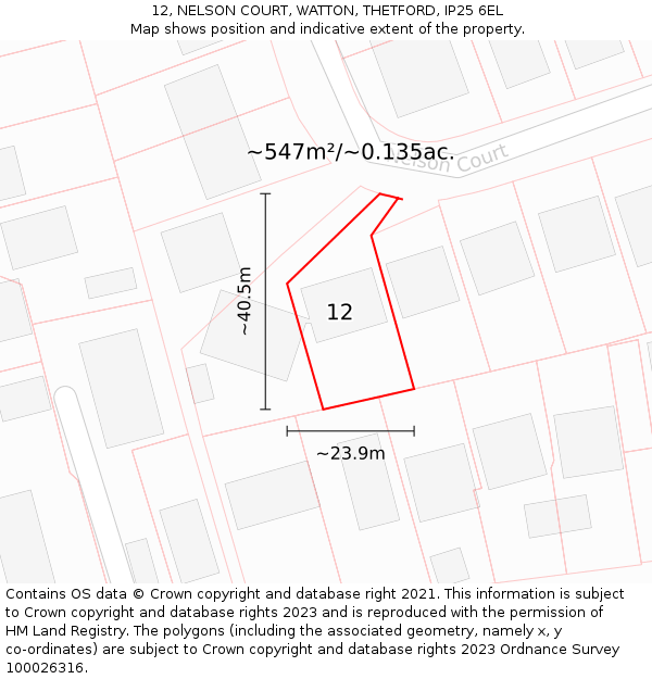 12, NELSON COURT, WATTON, THETFORD, IP25 6EL: Plot and title map