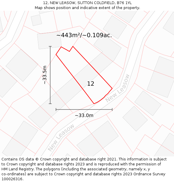 12, NEW LEASOW, SUTTON COLDFIELD, B76 1YL: Plot and title map