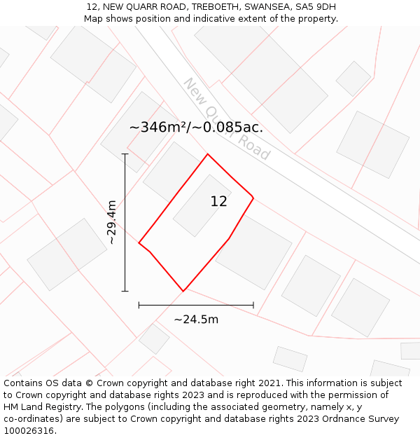 12, NEW QUARR ROAD, TREBOETH, SWANSEA, SA5 9DH: Plot and title map