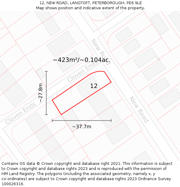 12, NEW ROAD, LANGTOFT, PETERBOROUGH, PE6 9LE: Plot and title map