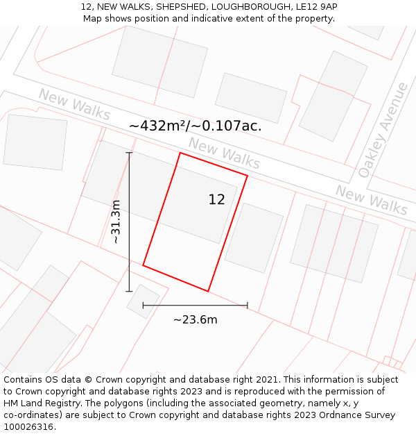12, NEW WALKS, SHEPSHED, LOUGHBOROUGH, LE12 9AP: Plot and title map