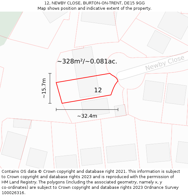 12, NEWBY CLOSE, BURTON-ON-TRENT, DE15 9GG: Plot and title map
