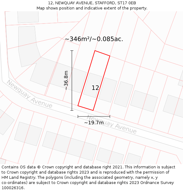 12, NEWQUAY AVENUE, STAFFORD, ST17 0EB: Plot and title map