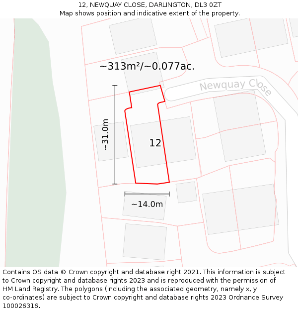 12, NEWQUAY CLOSE, DARLINGTON, DL3 0ZT: Plot and title map
