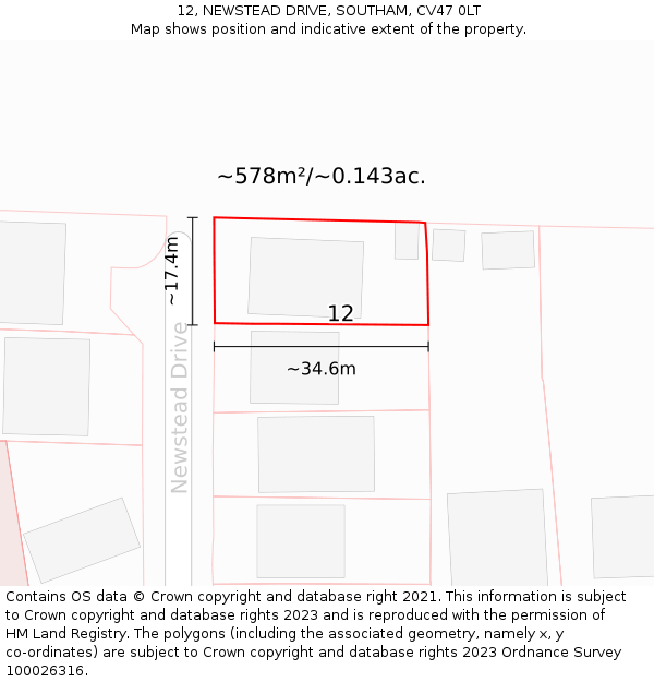 12, NEWSTEAD DRIVE, SOUTHAM, CV47 0LT: Plot and title map