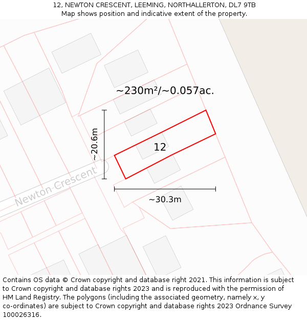 12, NEWTON CRESCENT, LEEMING, NORTHALLERTON, DL7 9TB: Plot and title map