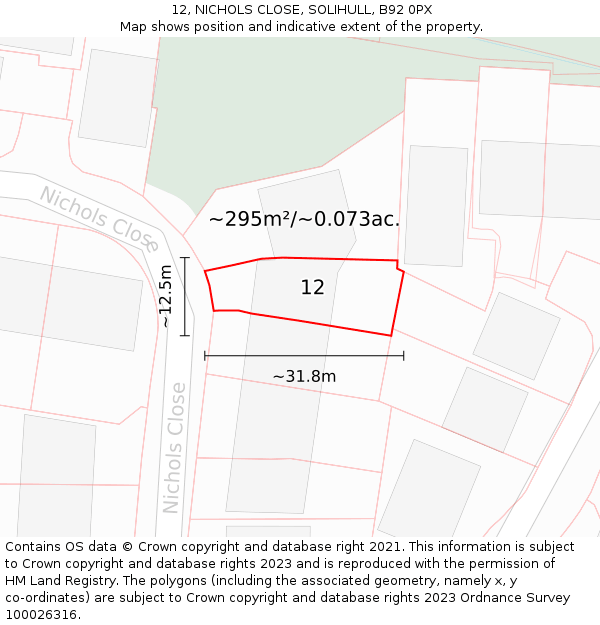 12, NICHOLS CLOSE, SOLIHULL, B92 0PX: Plot and title map