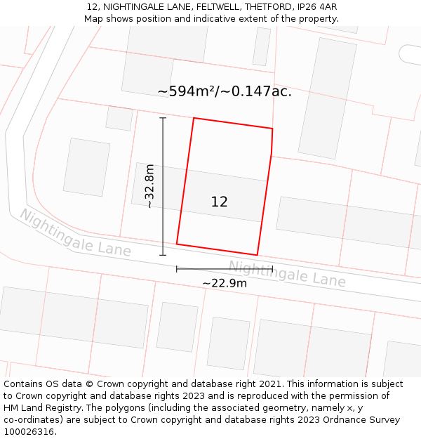 12, NIGHTINGALE LANE, FELTWELL, THETFORD, IP26 4AR: Plot and title map