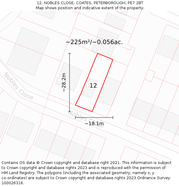 12, NOBLES CLOSE, COATES, PETERBOROUGH, PE7 2BT: Plot and title map