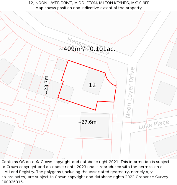 12, NOON LAYER DRIVE, MIDDLETON, MILTON KEYNES, MK10 9FP: Plot and title map