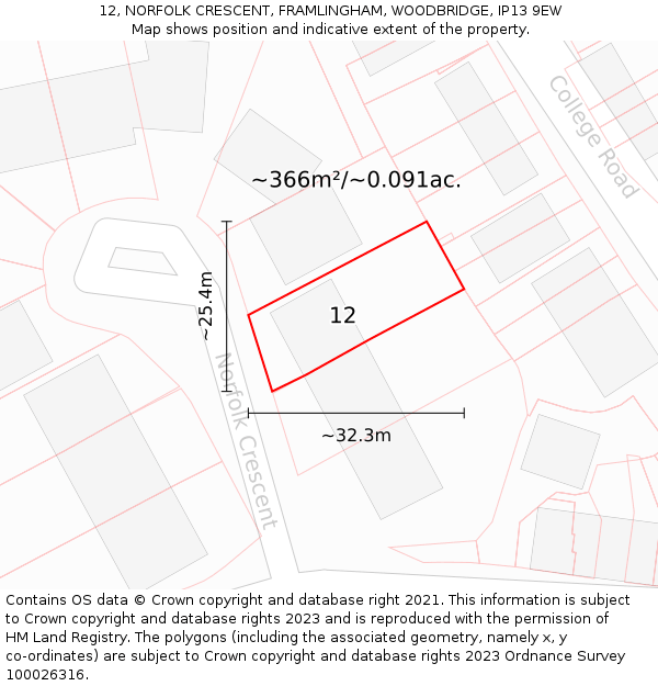 12, NORFOLK CRESCENT, FRAMLINGHAM, WOODBRIDGE, IP13 9EW: Plot and title map
