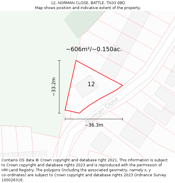 12, NORMAN CLOSE, BATTLE, TN33 0BD: Plot and title map