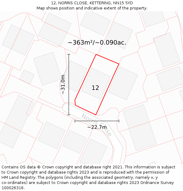 12, NORRIS CLOSE, KETTERING, NN15 5YD: Plot and title map
