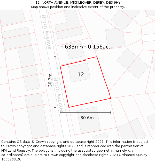 12, NORTH AVENUE, MICKLEOVER, DERBY, DE3 9HY: Plot and title map