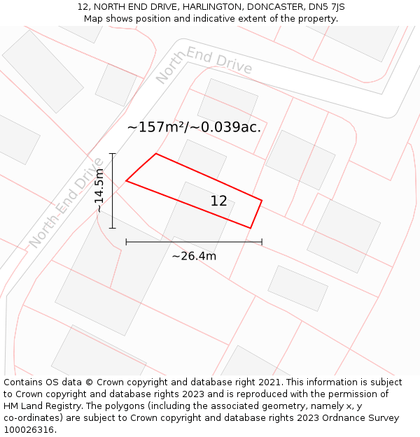 12, NORTH END DRIVE, HARLINGTON, DONCASTER, DN5 7JS: Plot and title map