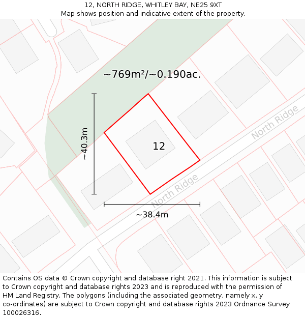 12, NORTH RIDGE, WHITLEY BAY, NE25 9XT: Plot and title map