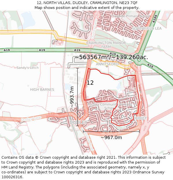 12, NORTH VILLAS, DUDLEY, CRAMLINGTON, NE23 7QF: Plot and title map