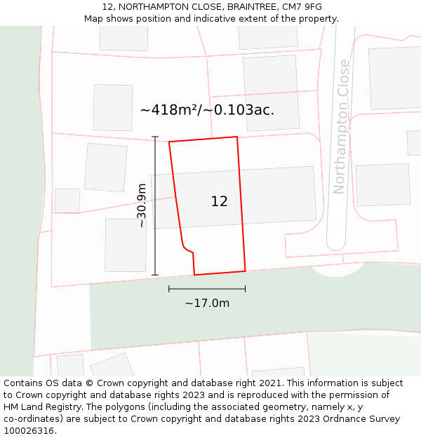 12, NORTHAMPTON CLOSE, BRAINTREE, CM7 9FG: Plot and title map