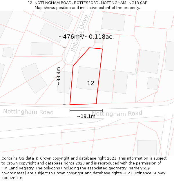 12, NOTTINGHAM ROAD, BOTTESFORD, NOTTINGHAM, NG13 0AP: Plot and title map