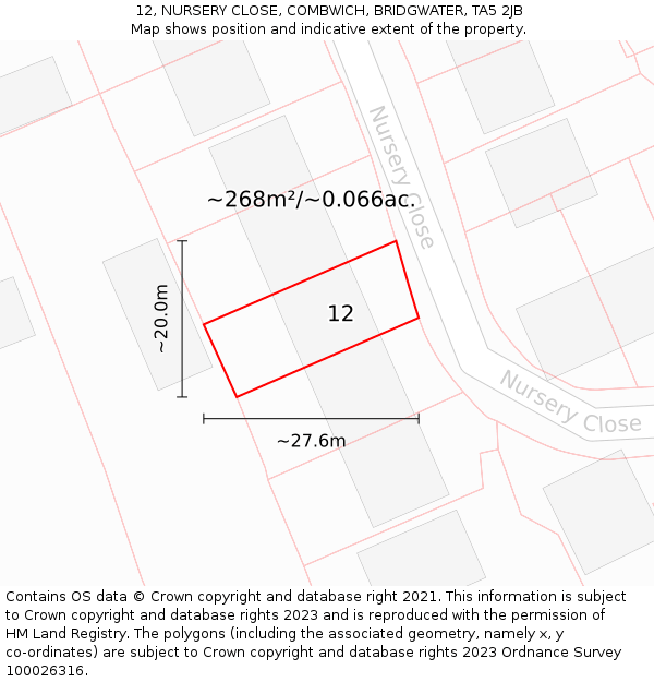 12, NURSERY CLOSE, COMBWICH, BRIDGWATER, TA5 2JB: Plot and title map