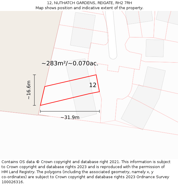 12, NUTHATCH GARDENS, REIGATE, RH2 7RH: Plot and title map