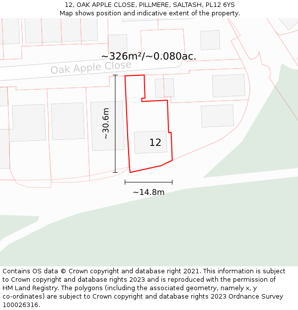 12, OAK APPLE CLOSE, PILLMERE, SALTASH, PL12 6YS: Plot and title map