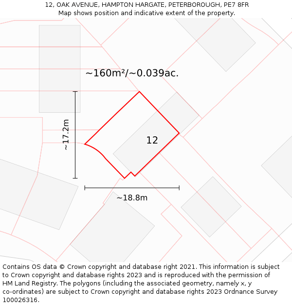 12, OAK AVENUE, HAMPTON HARGATE, PETERBOROUGH, PE7 8FR: Plot and title map
