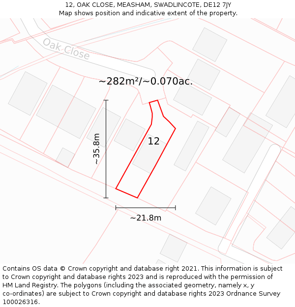 12, OAK CLOSE, MEASHAM, SWADLINCOTE, DE12 7JY: Plot and title map