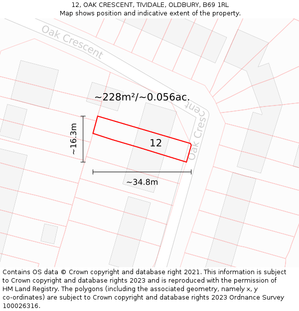 12, OAK CRESCENT, TIVIDALE, OLDBURY, B69 1RL: Plot and title map