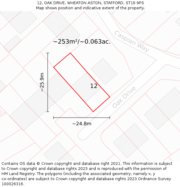 12, OAK DRIVE, WHEATON ASTON, STAFFORD, ST19 9PS: Plot and title map