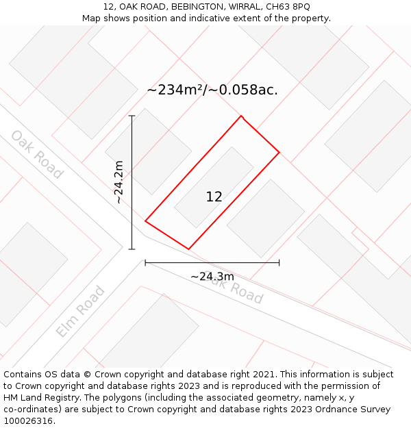12, OAK ROAD, BEBINGTON, WIRRAL, CH63 8PQ: Plot and title map