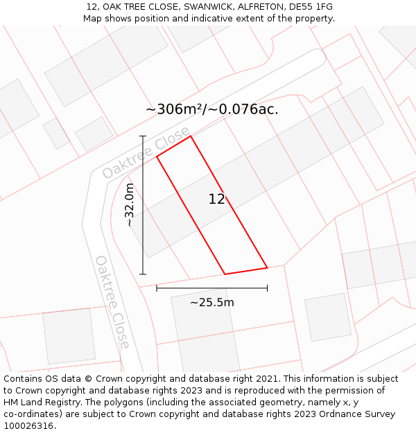 12, OAK TREE CLOSE, SWANWICK, ALFRETON, DE55 1FG: Plot and title map