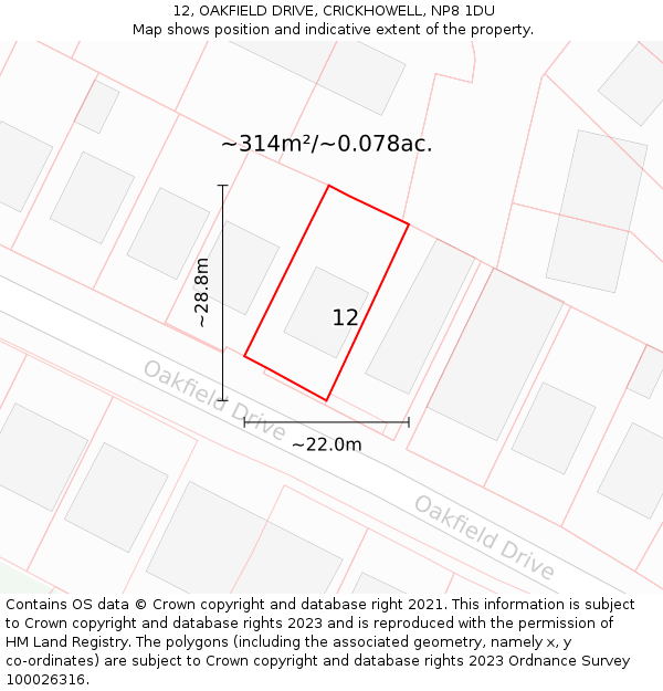 12, OAKFIELD DRIVE, CRICKHOWELL, NP8 1DU: Plot and title map
