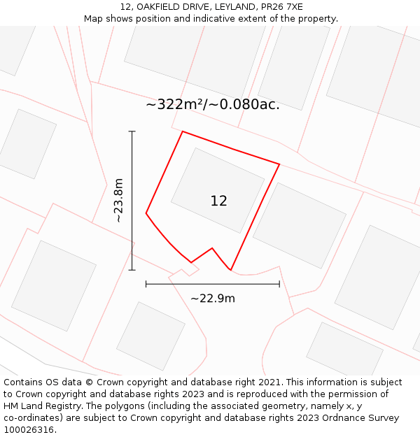12, OAKFIELD DRIVE, LEYLAND, PR26 7XE: Plot and title map