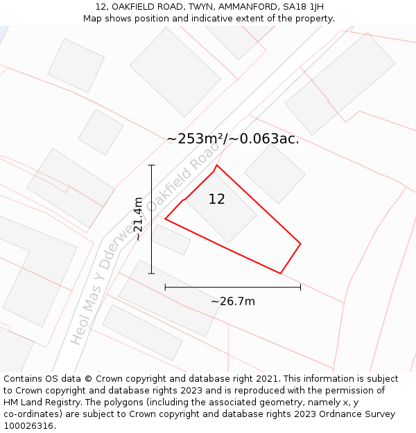 12, OAKFIELD ROAD, TWYN, AMMANFORD, SA18 1JH: Plot and title map