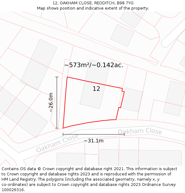 12, OAKHAM CLOSE, REDDITCH, B98 7YG: Plot and title map