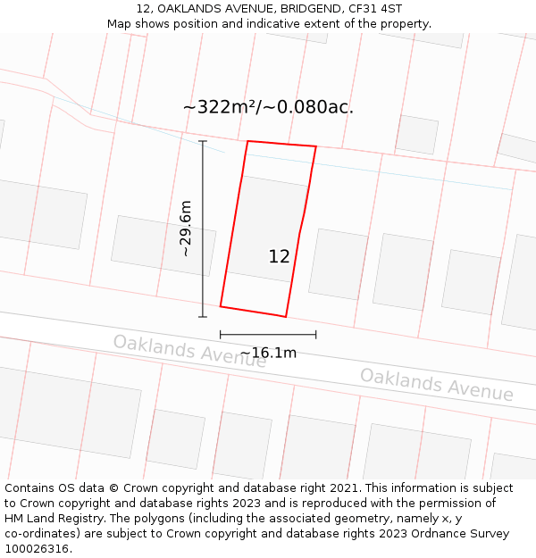 12, OAKLANDS AVENUE, BRIDGEND, CF31 4ST: Plot and title map
