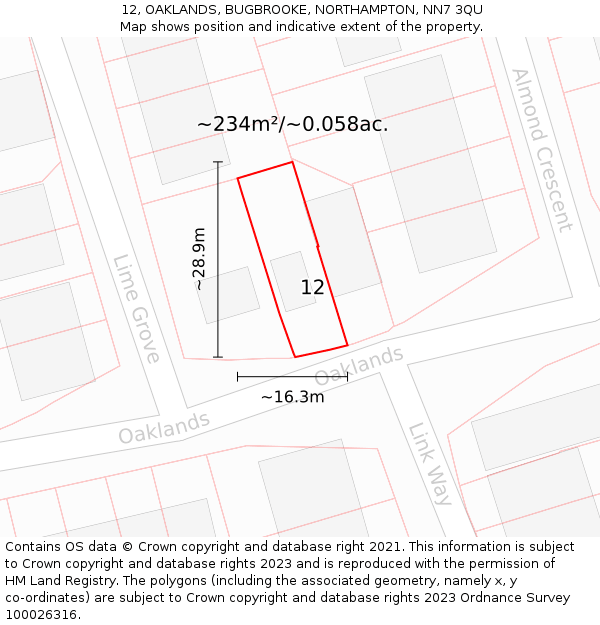12, OAKLANDS, BUGBROOKE, NORTHAMPTON, NN7 3QU: Plot and title map