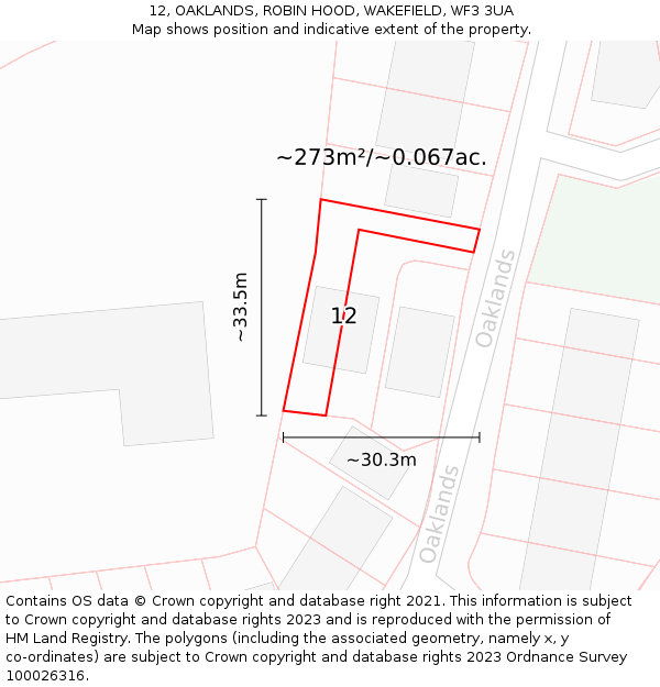 12, OAKLANDS, ROBIN HOOD, WAKEFIELD, WF3 3UA: Plot and title map